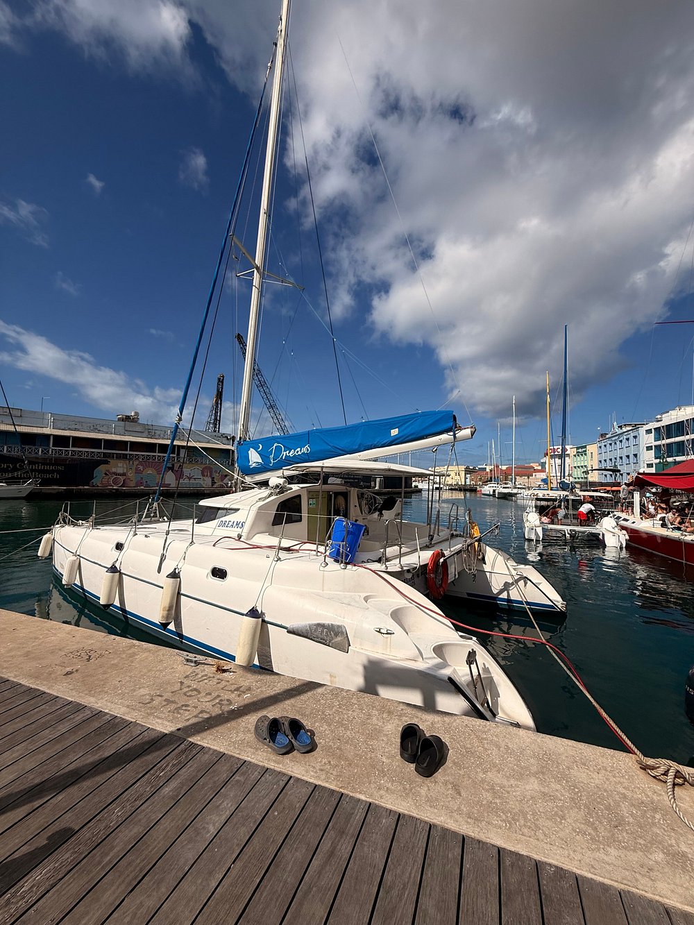 Dreams, a 38ft Fountaine Pajot Athena catamaran, tied up at the Bridgetown careenage